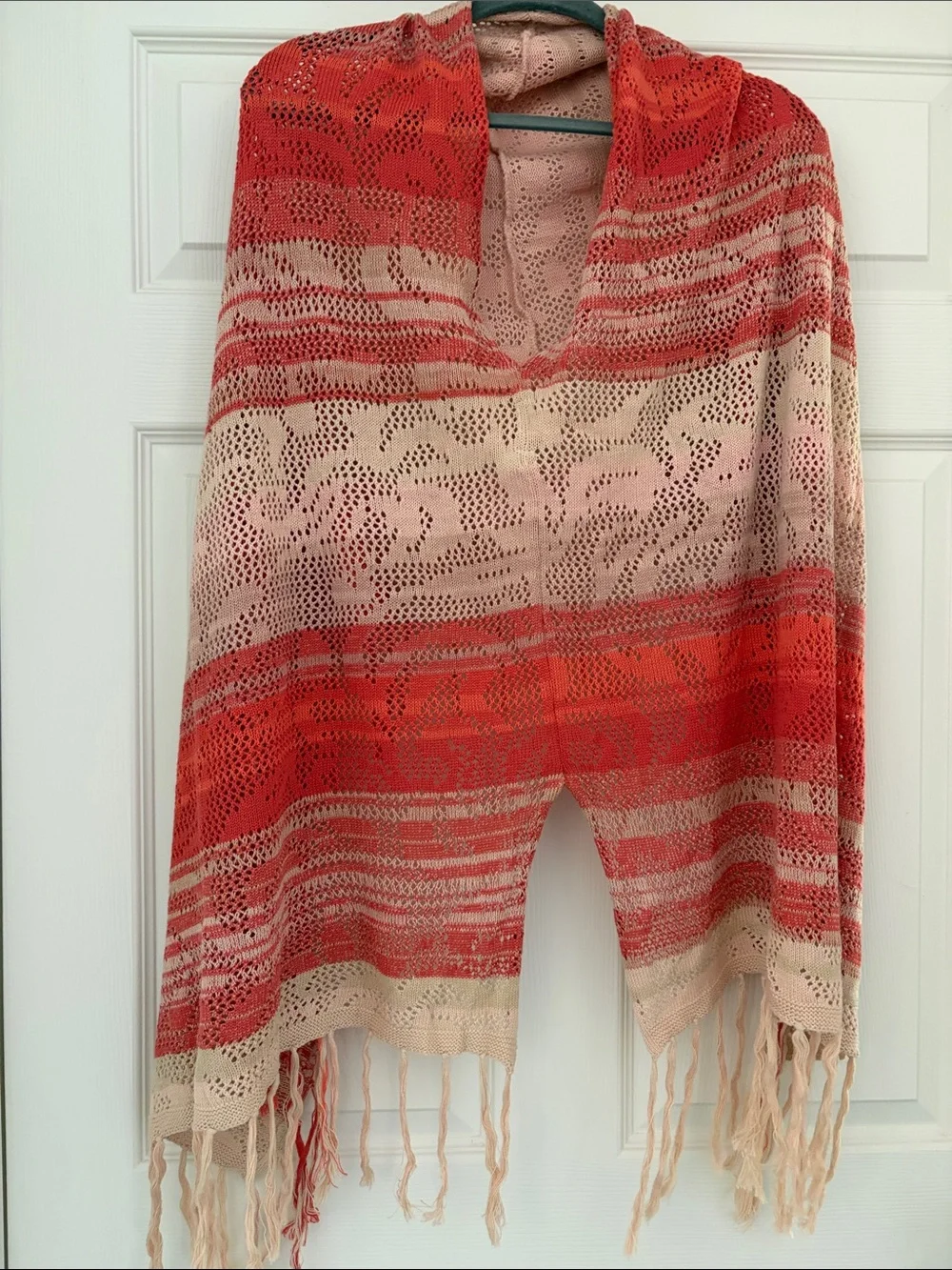 Goddis Lightweight Crochet Fringe Shawl - Peach & Coral